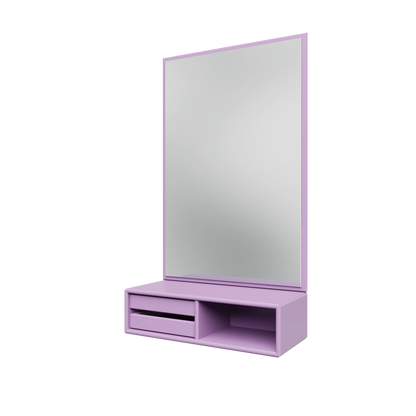 Miroir Glance Montana, laque 164 Iris, suspendu au rail mural, vue de trois quarts sur fond blanc
