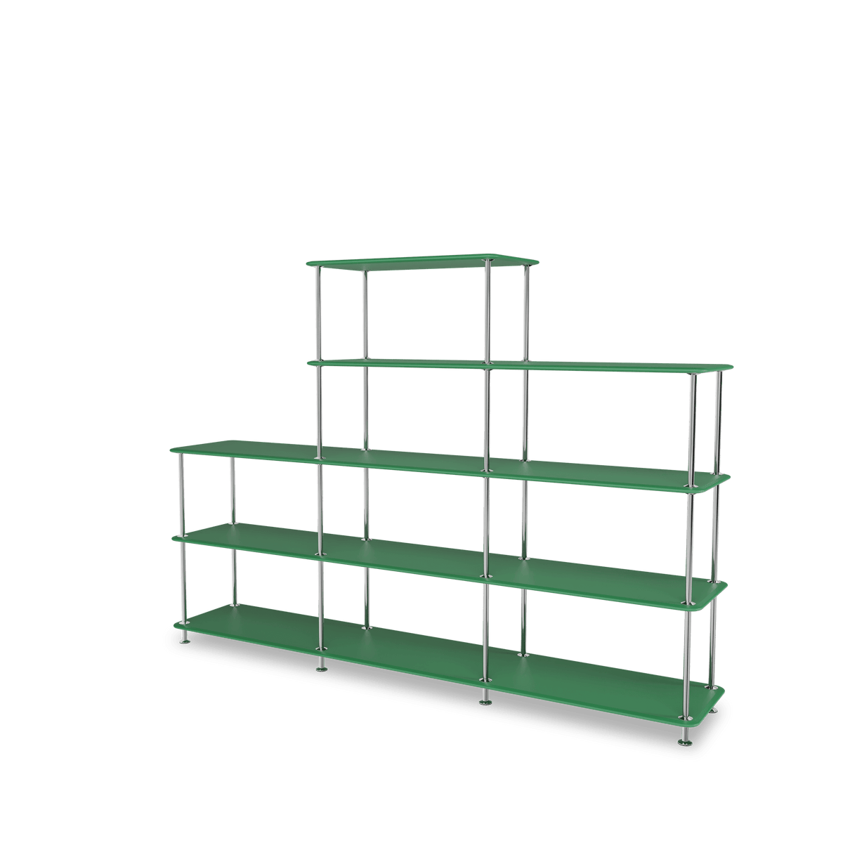 Etagère Free 342000 Montana, tablettes 232 Parsley et structure 44C Chrome, vue de trois quarts sur fond blanc