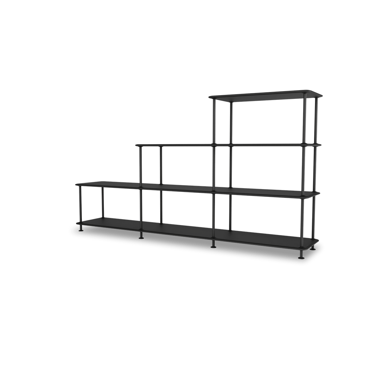 Etagère Free 321000 Montana, tablettes 207 Black et structure 05 Black, vue de trois quarts sur fond blanc