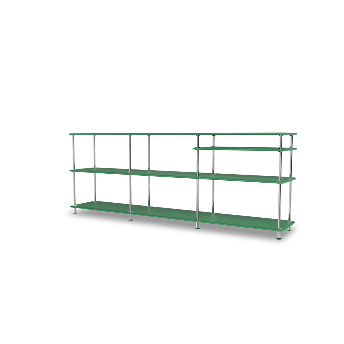 Etagère Free 222100 Montana, tablettes 232 Parsley et structure 44C Chrome, vue de trois quarts sur fond blanc