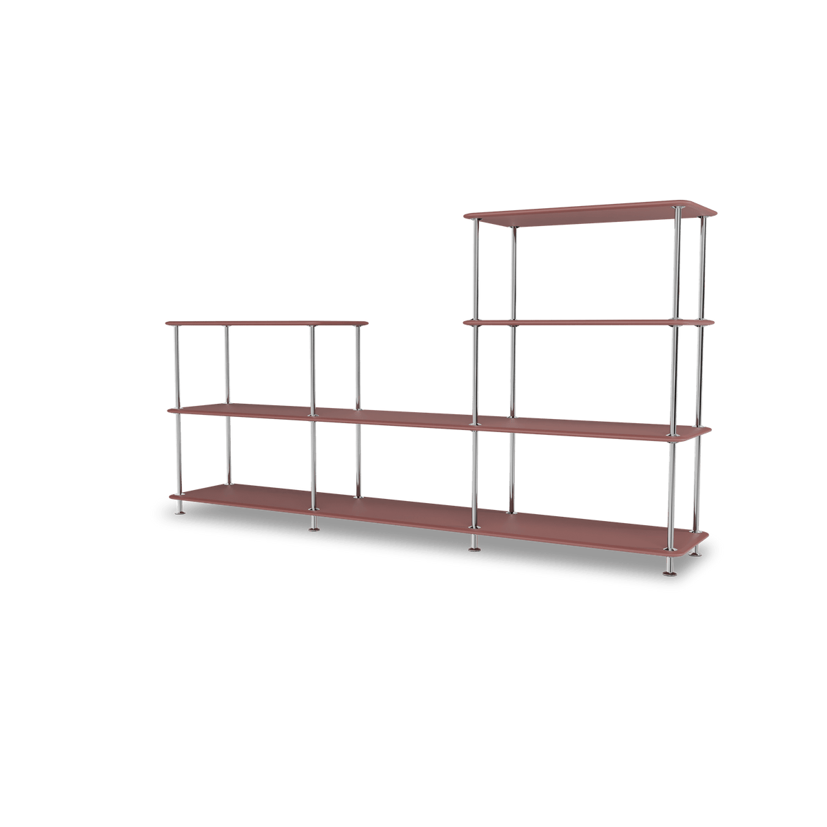 Etagère Free 312000 Montana, tablettes 231 Masala et structure 44C Chrome, vue de trois quarts sur fond blanc