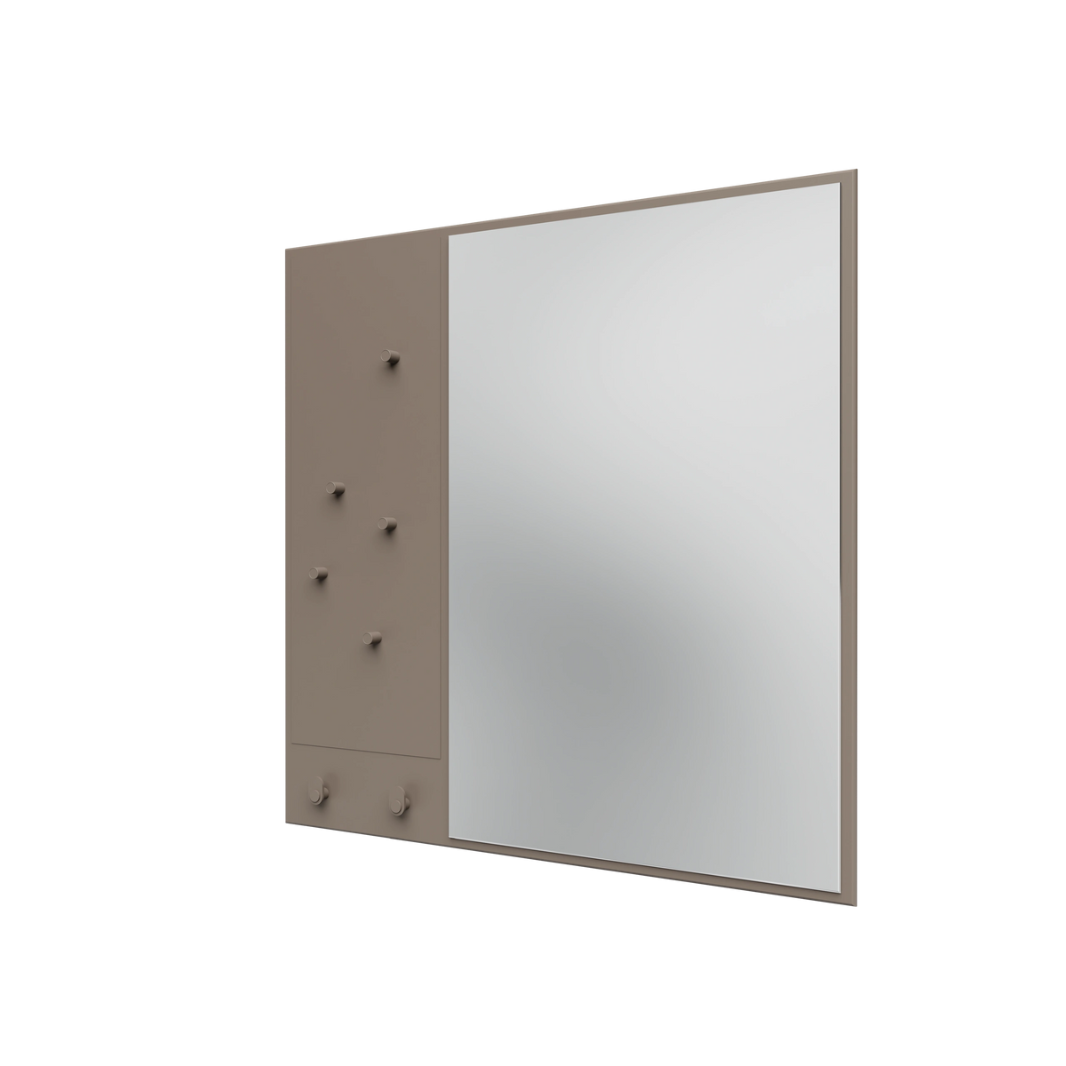 Miroir Memo Montana, laque 141 Truffle, suspendu au rail mural, vue de trois quarts sur fond blanc