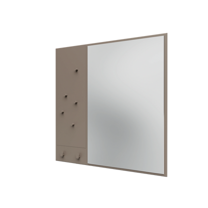 Miroir Memo Montana, laque 141 Truffle, suspendu au rail mural, vue de trois quarts sur fond blanc