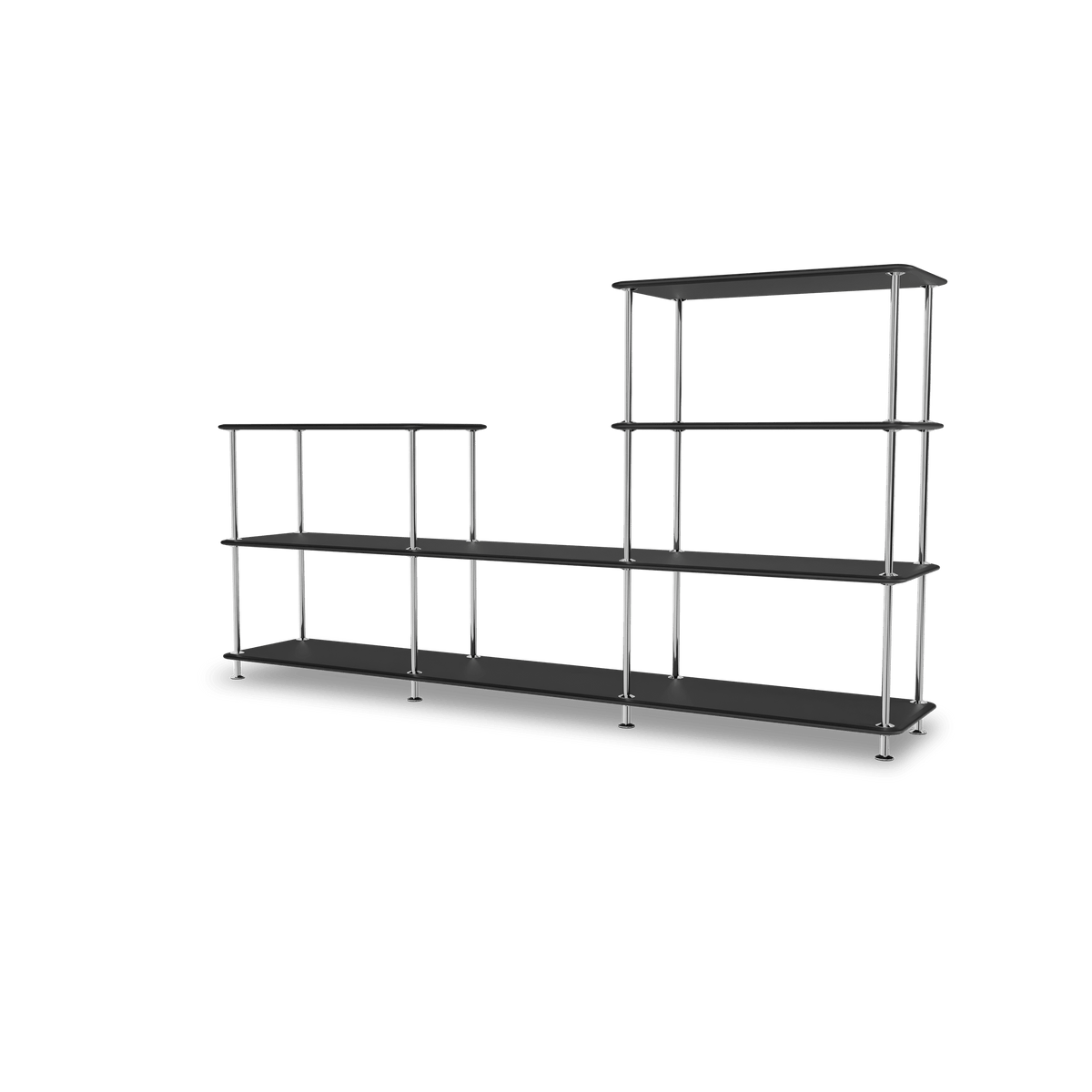 Etagère Free 312000 Montana, tablettes 207 Black et structure 44C Chrome, vue de trois quarts sur fond blanc