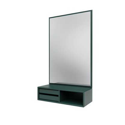 Miroir Glance Montana, laque 163 Black Jade, suspendu au rail mural, vue de trois quarts sur fond blanc