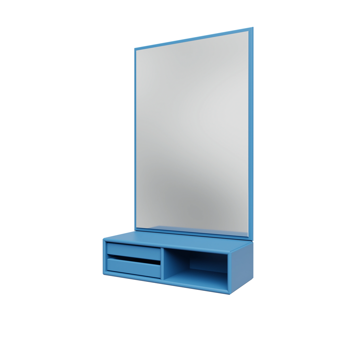 Miroir Glance Montana, laque 154 Azure, suspendu au rail mural, vue de trois quarts sur fond blanc