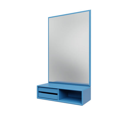 Miroir Glance Montana, laque 154 Azure, suspendu au rail mural, vue de trois quarts sur fond blanc