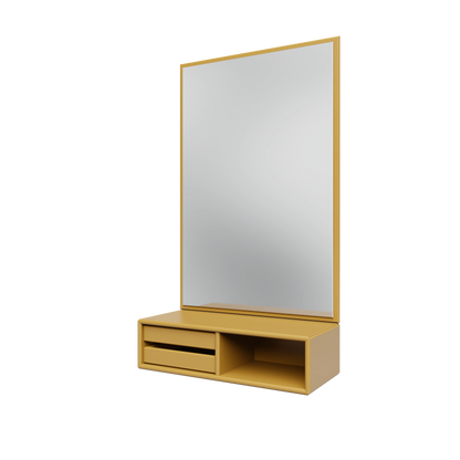 Miroir Glance Montana, laque 157 Cumin, suspendu au rail mural, vue de trois quarts sur fond blanc