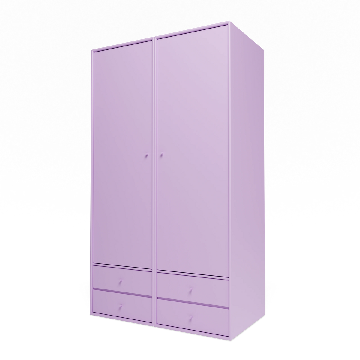 Armoire Attire IV Montana, laque 164 Iris, suspendu au rail mural, vue de trois quarts sur fond blanc