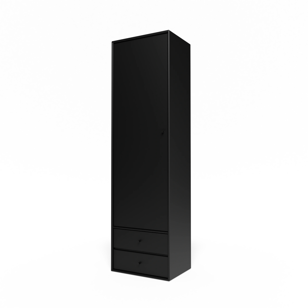 Armoire Attire I Montana, laque 05 Black, suspendu au rail mural, vue de trois quarts sur fond blanc