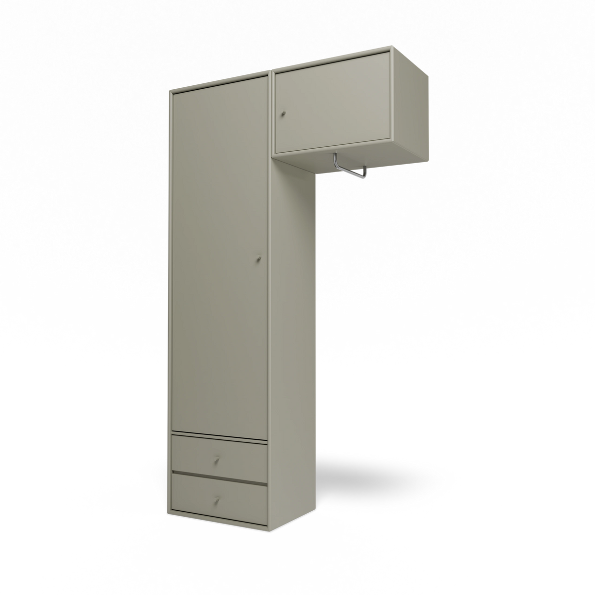 Armoire Attire II Montana, laque 144 Fennel, suspendu au rail mural, vue de trois quarts sur fond blanc