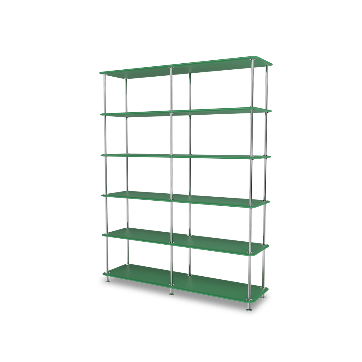 Etagère Free 550000 Montana, tablettes 232 Parsley et structure 44C Chrome, vue de trois quarts sur fond blanc