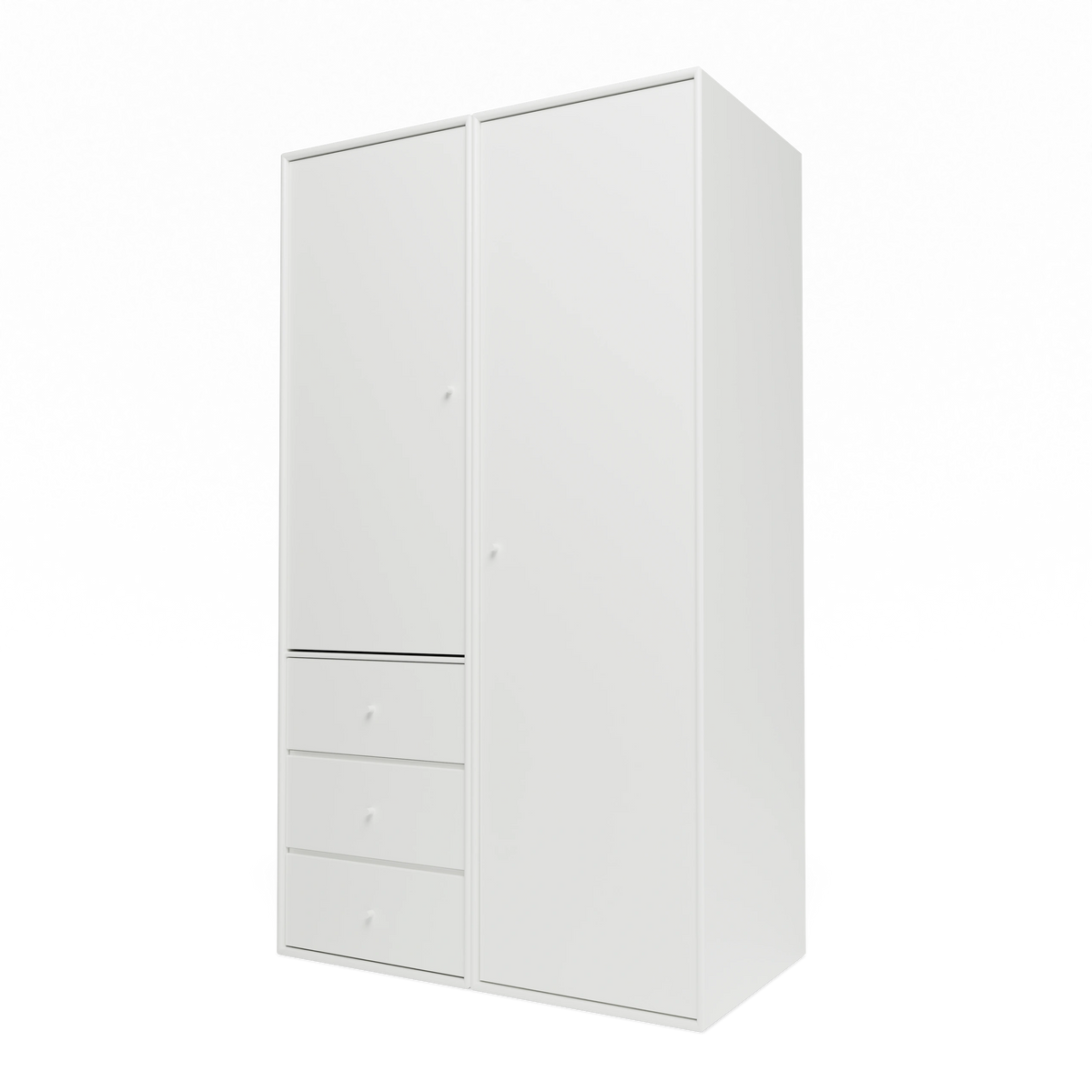 Armoire Attire III Montana, laque 01 White, suspendu au rail mural, vue de trois quarts sur fond blanc