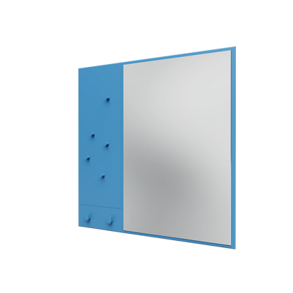 Miroir Memo Montana, laque 154 Azure, suspendu au rail mural, vue de trois quarts sur fond blanc