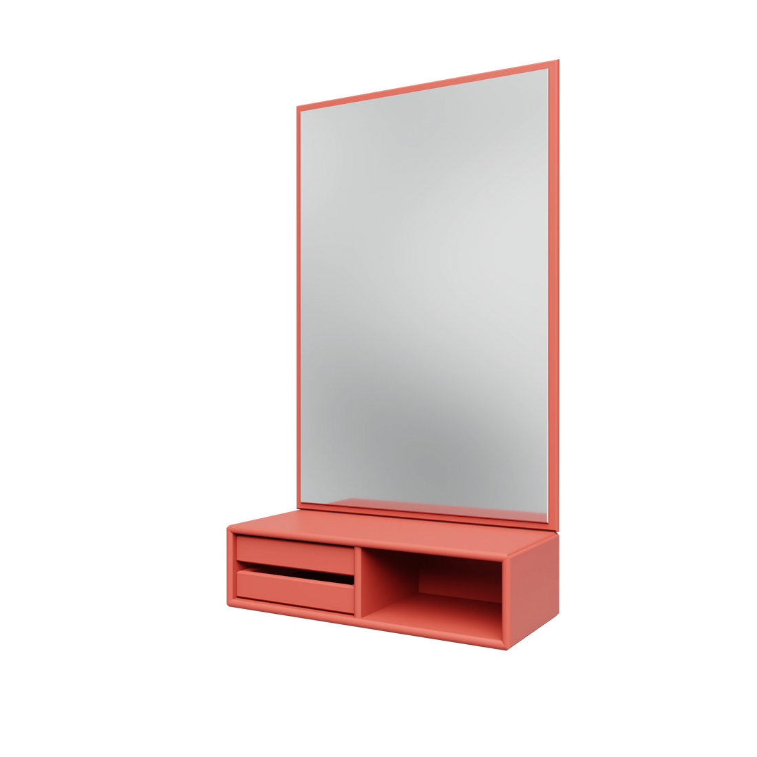 Miroir Glance Montana, laque 151 Rhubarb, suspendu au rail mural, vue de trois quarts sur fond blanc