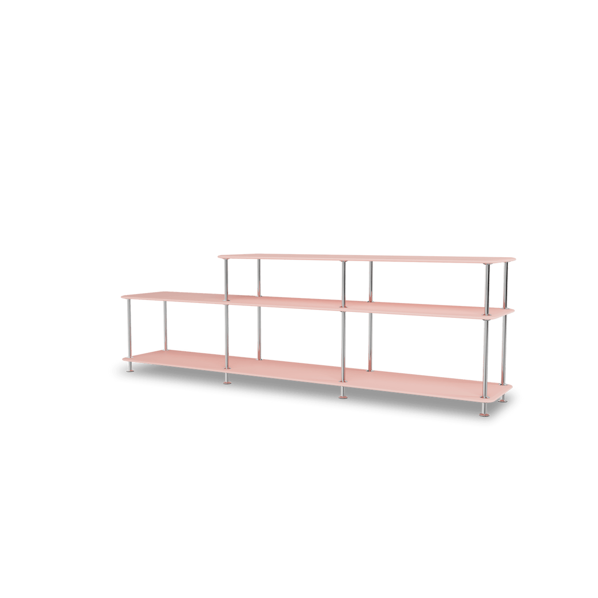 Etagère Free 111220 Montana, tablettes 167 Ruby et structure 44C Chrome, vue de trois quarts sur fond blanc