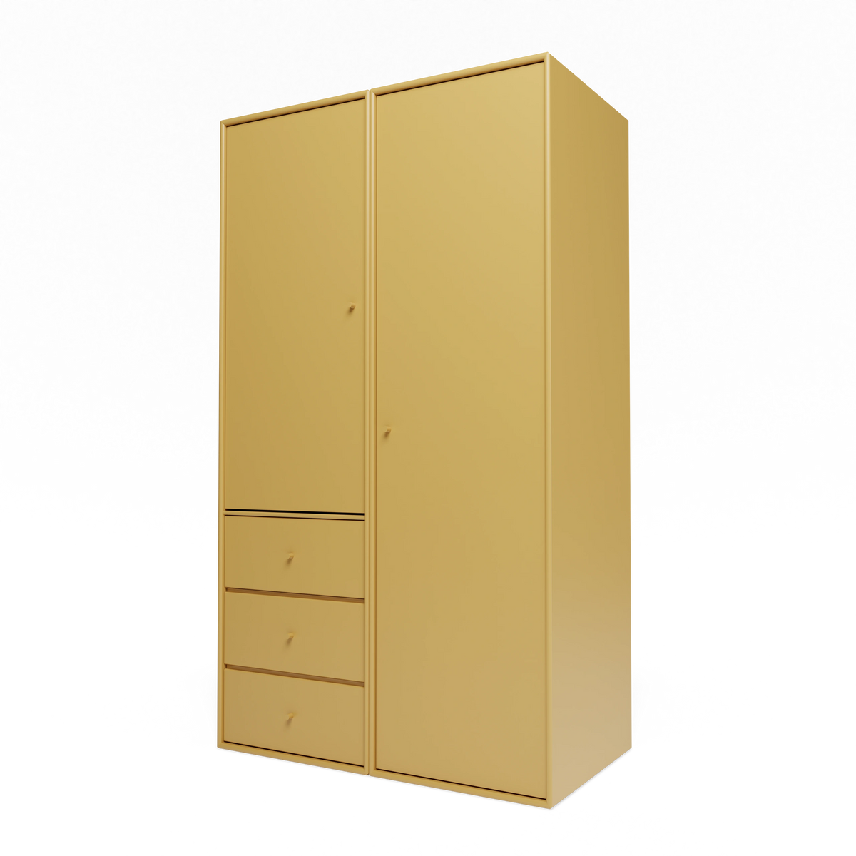 Armoire Attire III Montana, laque 157 Cumin, suspendu au rail mural, vue de trois quarts sur fond blanc