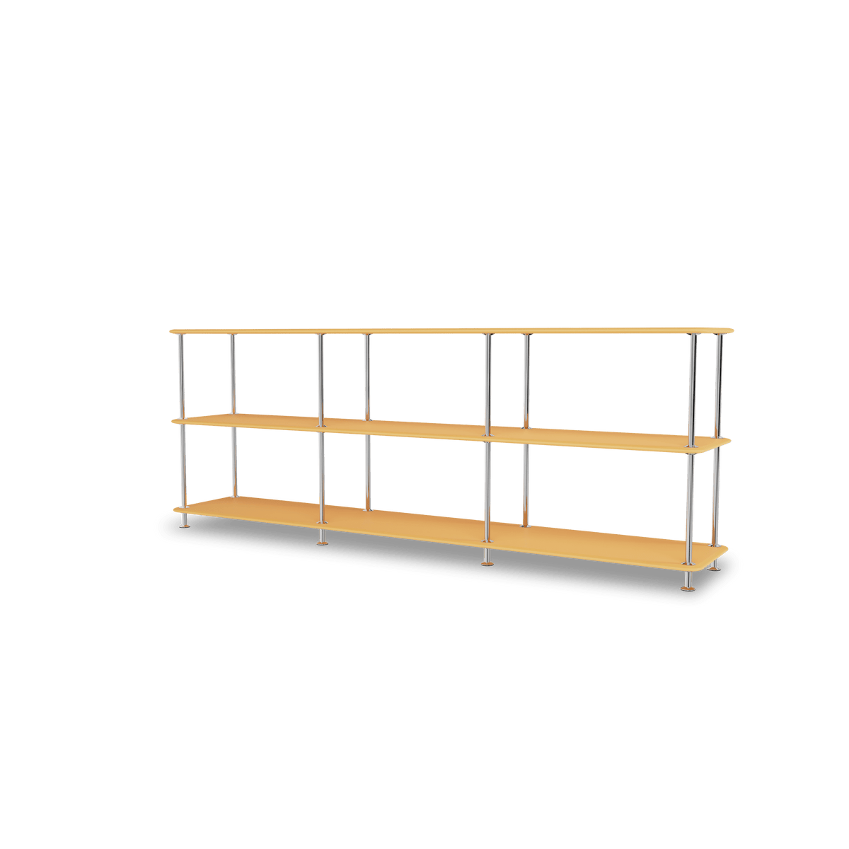 Etagère Free 222000 Montana, tablettes 233 Acacia et structure 44C Chrome, vue de trois quarts sur fond blanc
