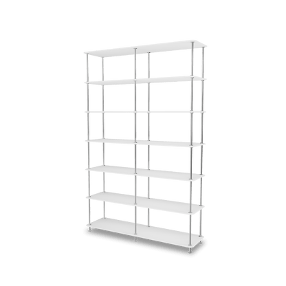 Etagère Free 660000 Montana, tablettes 214 New White et structure 44C Chrome, vue de trois quarts sur fond blanc