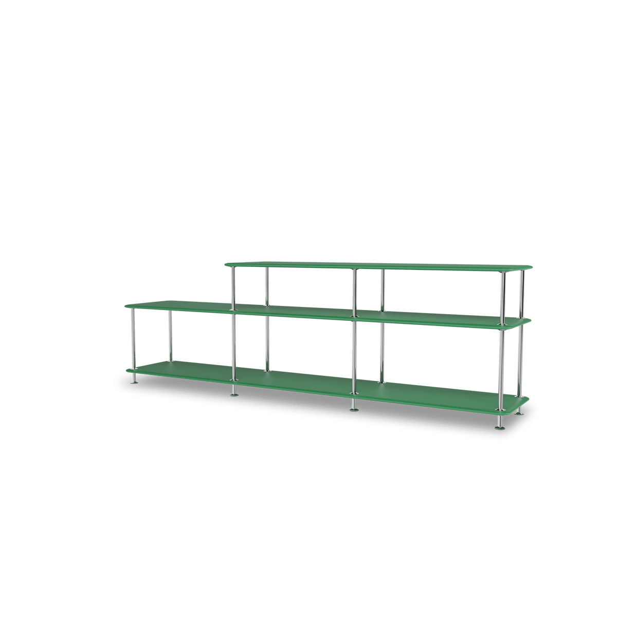 Etagère Free 111220 Montana, tablettes 232 Parsley et structure 44C Chrome, vue de trois quarts sur fond blanc