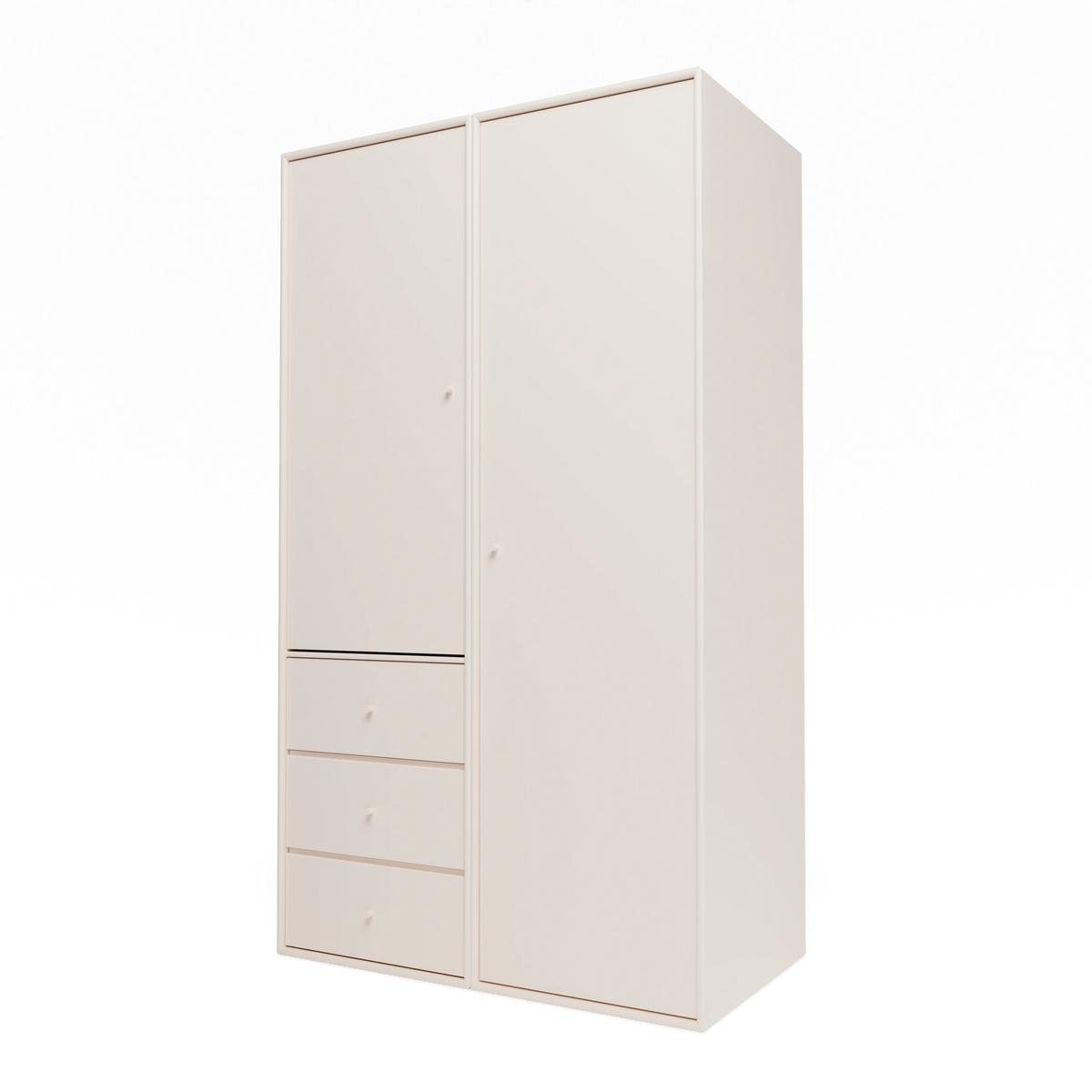 Armoire Attire III Montana, laque 158 Oat, suspendu au rail mural, vue de trois quarts sur fond blanc