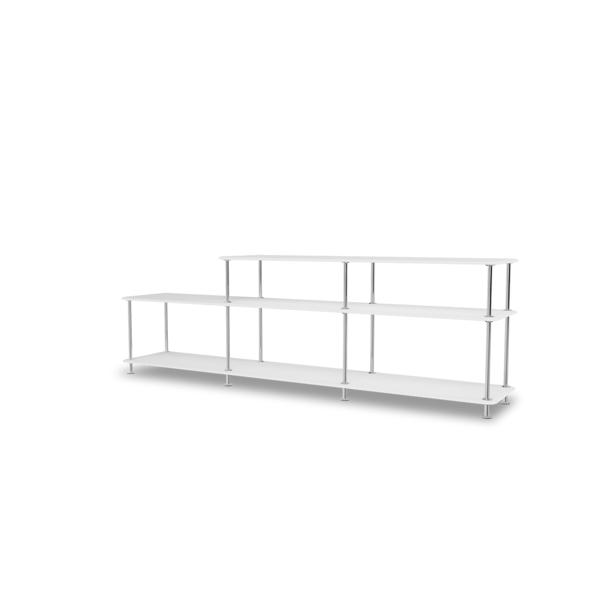Etagère Free 111220 Montana, tablettes 214 New White et structure 44C Chrome, vue de trois quarts sur fond blanc