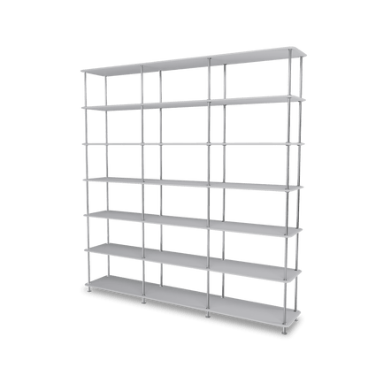 Etagère Free 666000 Montana, tablettes 209 Fjord et structure 44C Chrome, vue de trois quarts sur fond blanc
