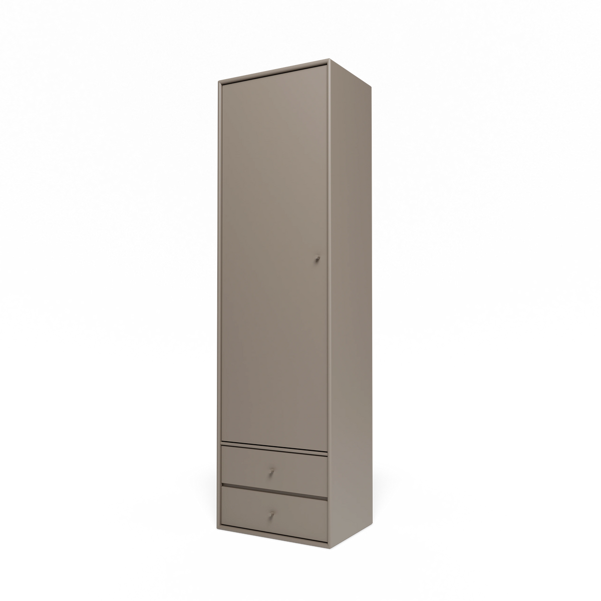 Armoire Attire I Montana, laque 141 Truffle, suspendu au rail mural, vue de trois quarts sur fond blanc