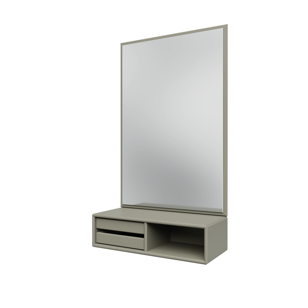 Miroir Glance Montana, laque 144 Fennel, suspendu au rail mural, vue de trois quarts sur fond blanc