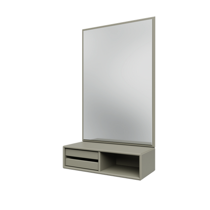 Miroir Glance Montana, laque 144 Fennel, suspendu au rail mural, vue de trois quarts sur fond blanc