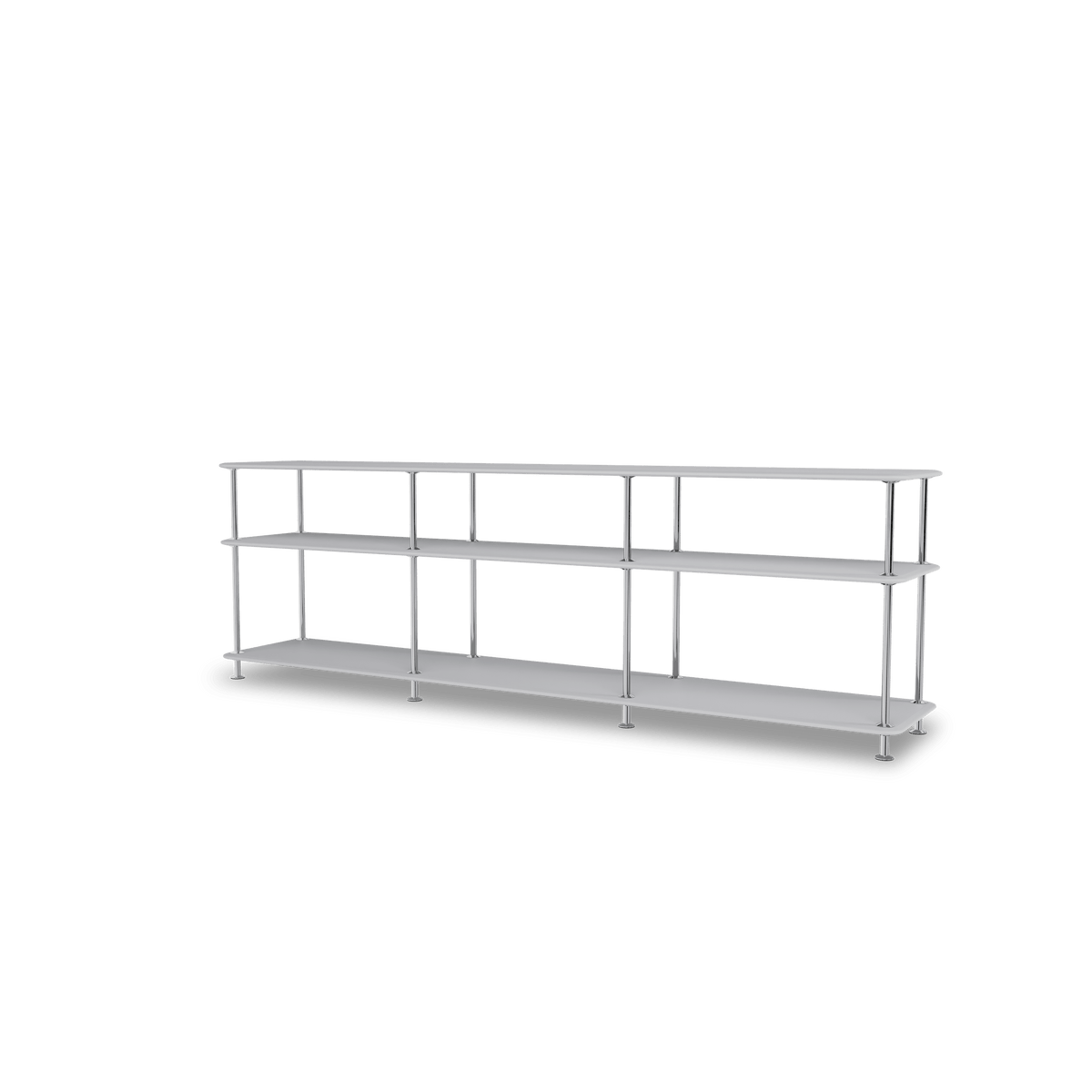 Etagère Free 111222 Montana, tablettes 209 Fjord et structure 44C Chrome, vue de trois quarts sur fond blanc