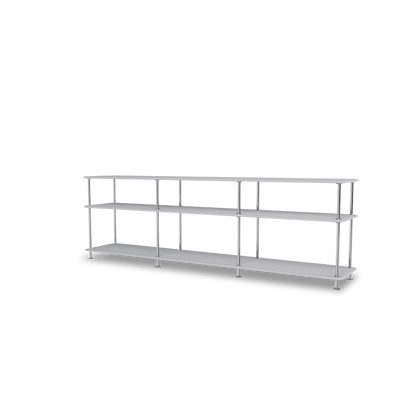 Etagère Free 111222 Montana, tablettes 209 Fjord et structure 44C Chrome, vue de trois quarts sur fond blanc