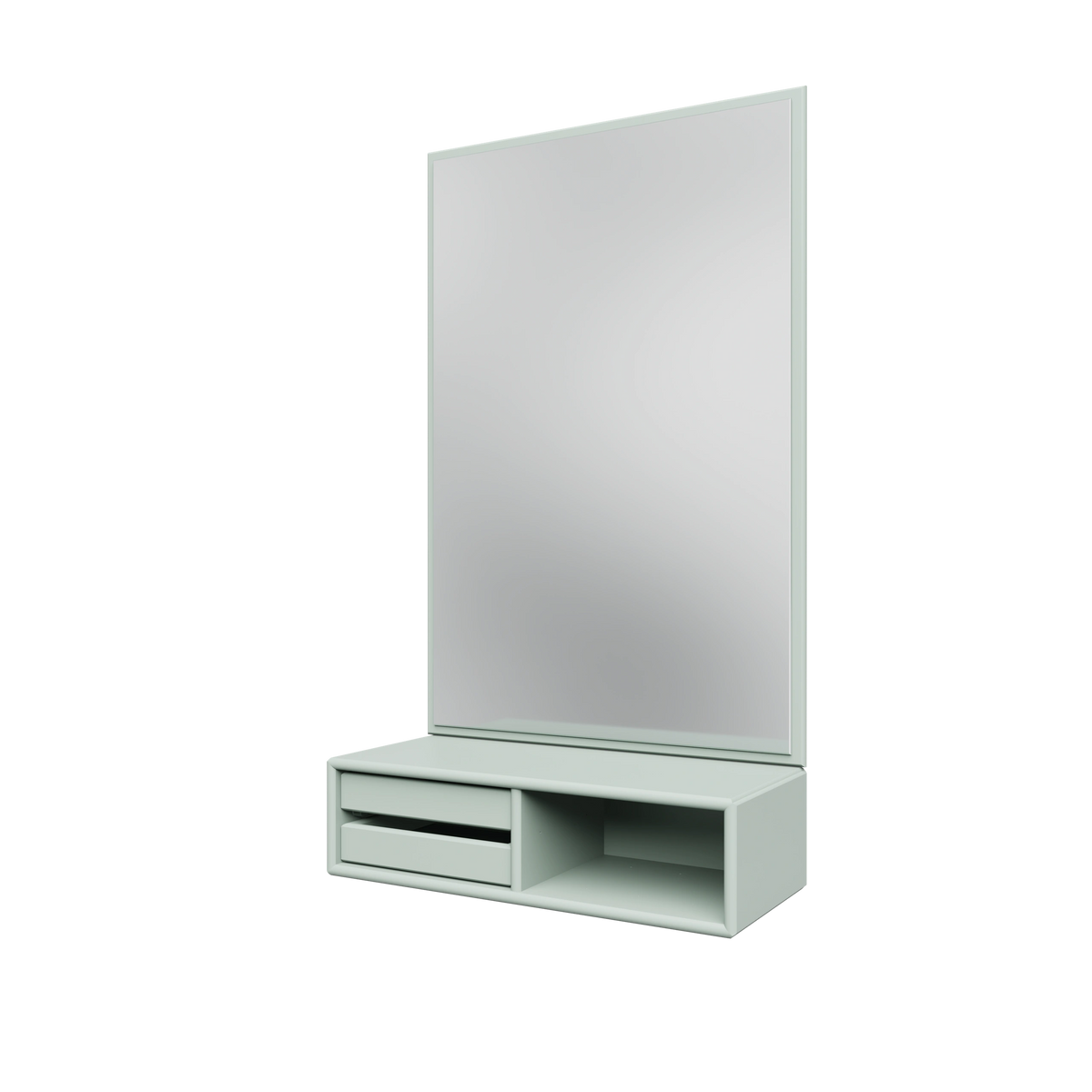 Miroir Glance Montana, laque 161 Mist, suspendu au rail mural, vue de trois quarts sur fond blanc