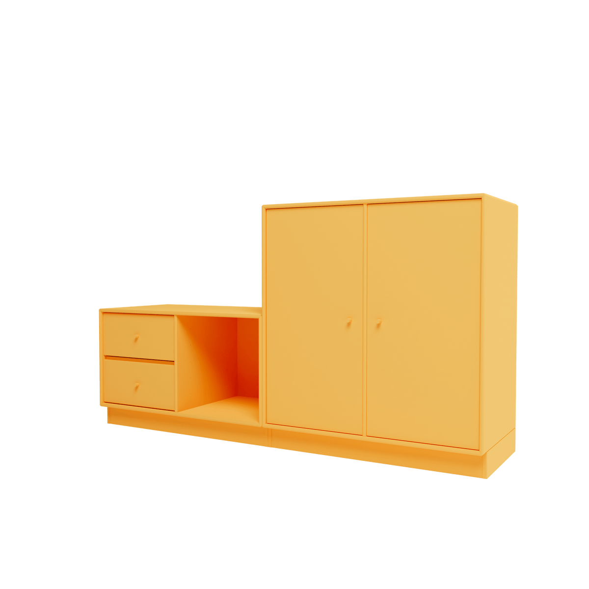 Banc Rest I Montana, laque 166 Acacia, sur socle de 7 cm, vue de trois quarts sur fond blanc