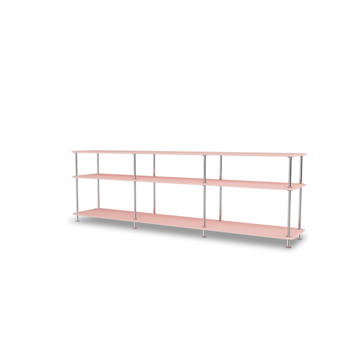 Etagère Free 111222 Montana, tablettes 167 Ruby et structure 44C Chrome, vue de trois quarts sur fond blanc
