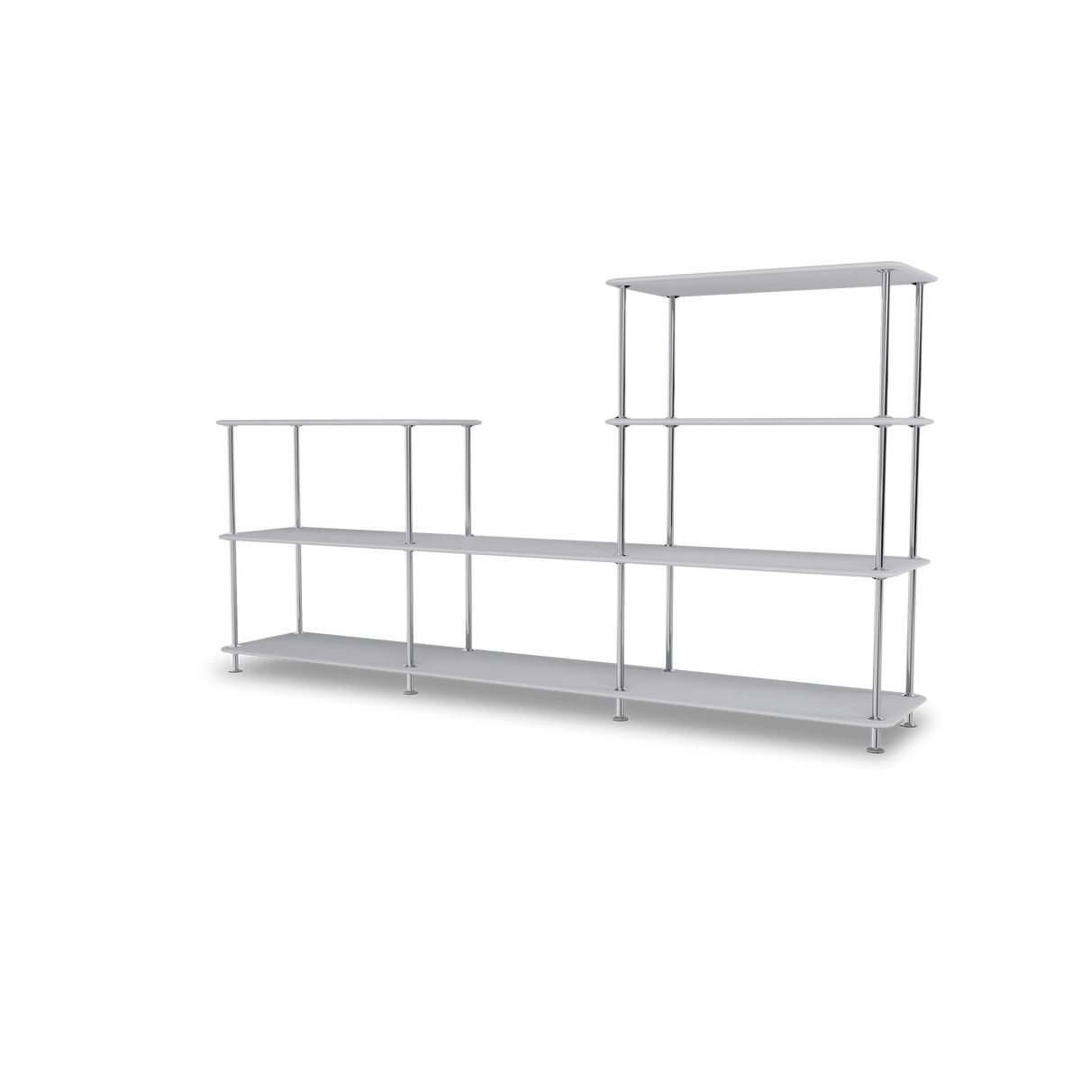 Etagère Free 312000 Montana, tablettes 209 Fjord et structure 44C Chrome, vue de trois quarts sur fond blanc