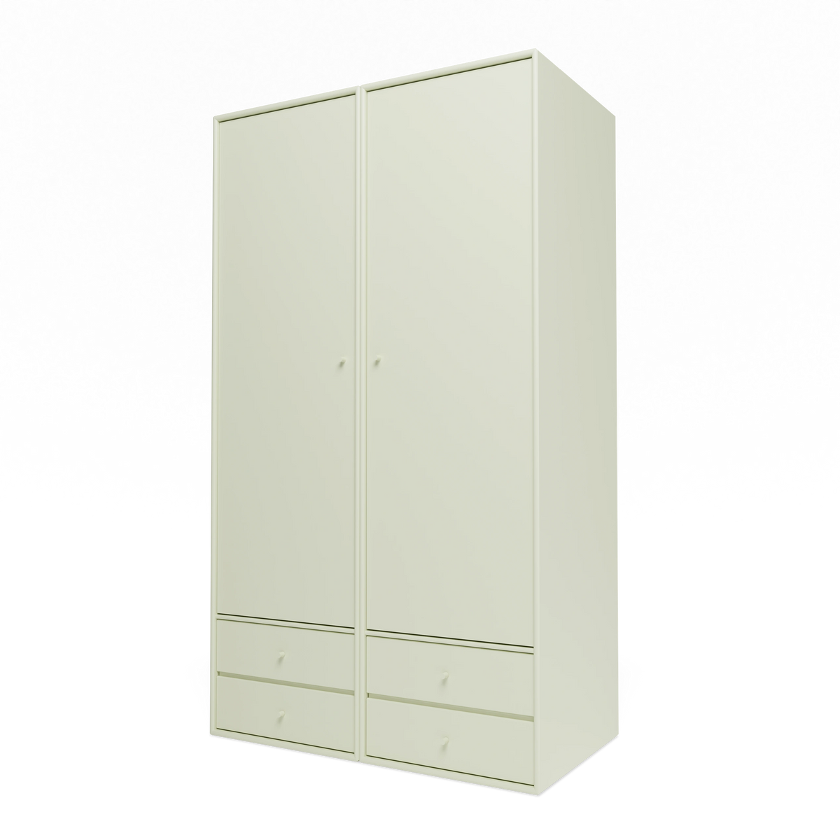 Armoire Attire IV Montana, laque 140 Pomelo, suspendu au rail mural, vue de trois quarts sur fond blanc