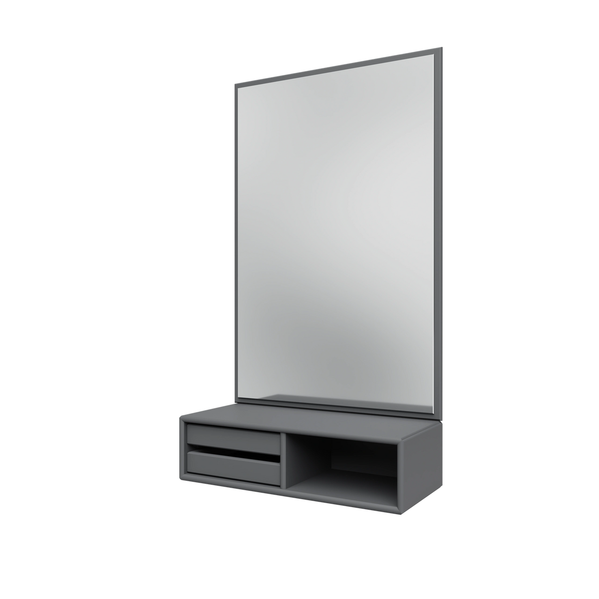 Miroir Glance Montana, laque 36 Coal, suspendu au rail mural, vue de trois quarts sur fond blanc