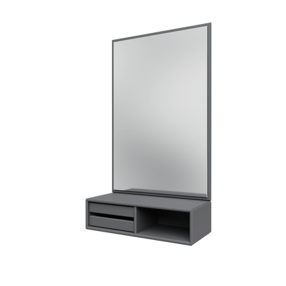 Miroir Glance Montana, laque 36 Coal, suspendu au rail mural, vue de trois quarts sur fond blanc