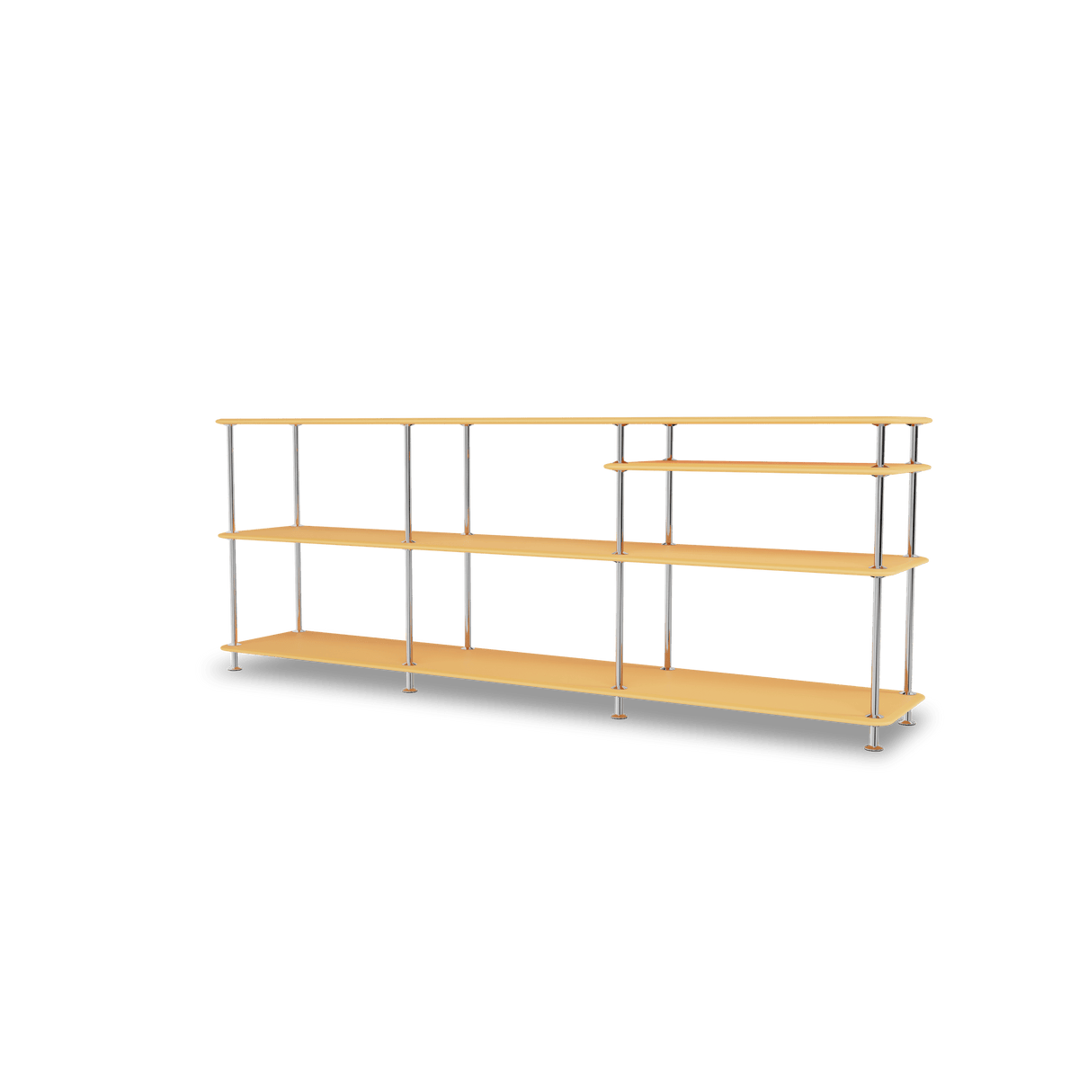 Etagère Free 222100 Montana, tablettes 233 Acacia et structure 44C Chrome, vue de trois quarts sur fond blanc