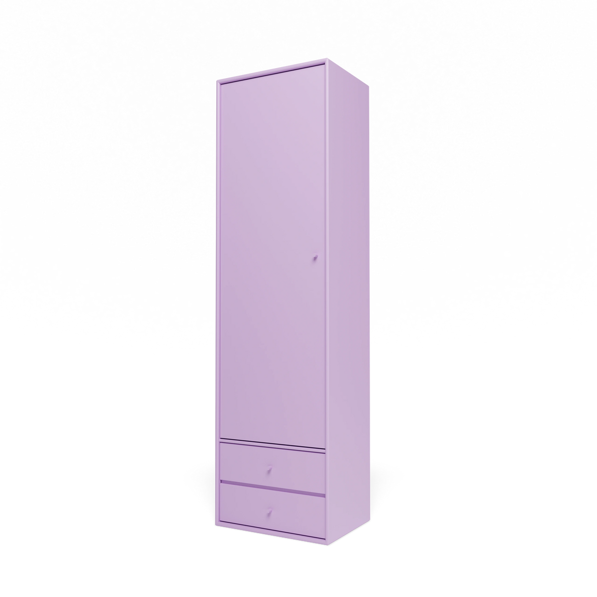 Armoire Attire I Montana, laque 164 Iris, suspendu au rail mural, vue de trois quarts sur fond blanc