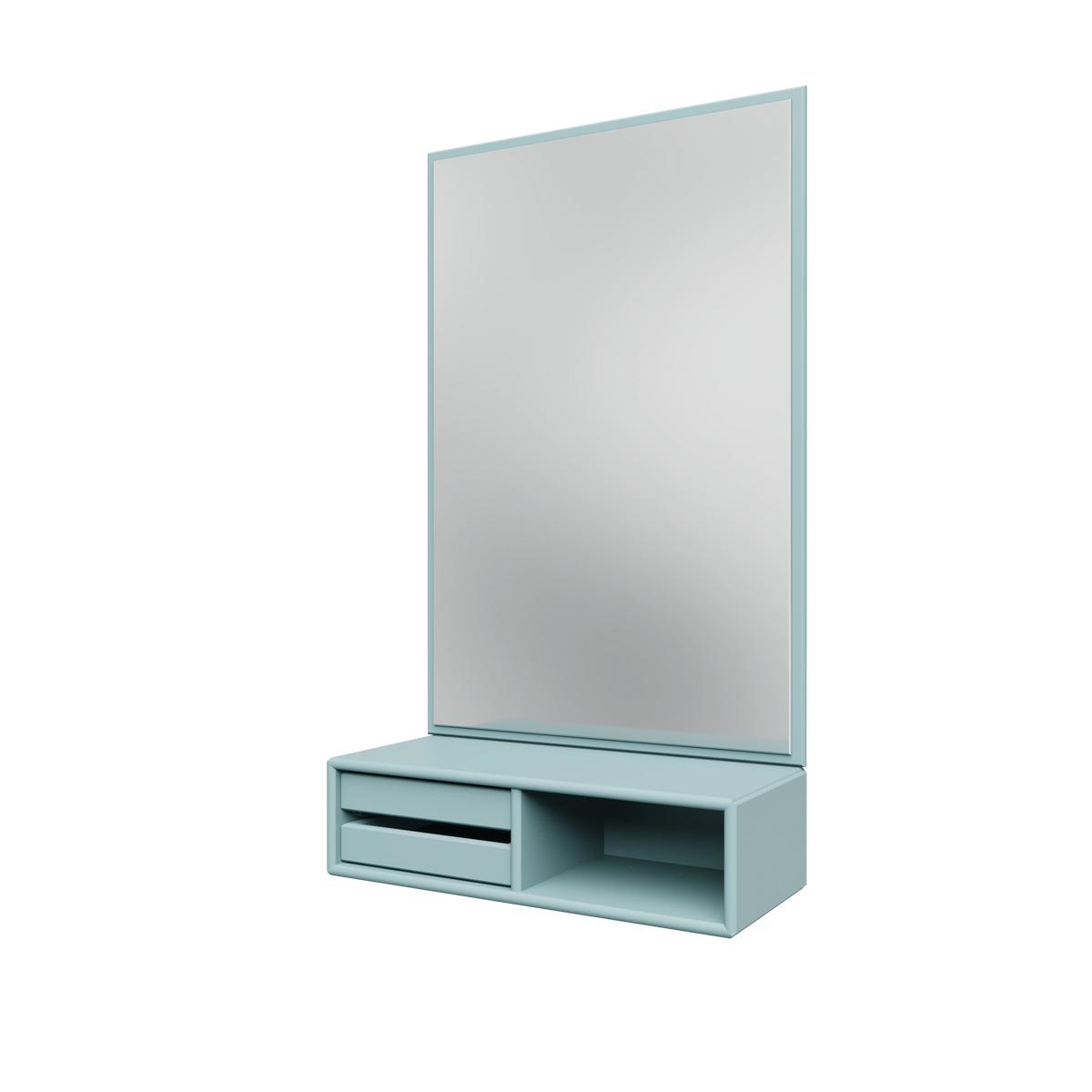 Miroir Glance Montana, laque 148 Flint, suspendu au rail mural, vue de trois quarts sur fond blanc