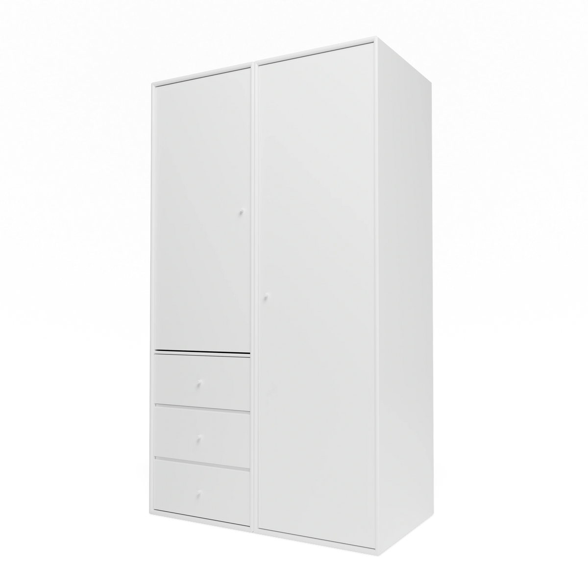 Armoire Attire III Montana, laque 101 New White, suspendu au rail mural, vue de trois quarts sur fond blanc