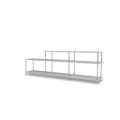 Etagère Free 111220 Montana, tablettes 209 Fjord et structure 44C Chrome, vue de trois quarts sur fond blanc