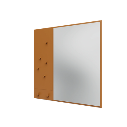 Miroir Memo Montana, laque 142 Amber, suspendu au rail mural, vue de trois quarts sur fond blanc