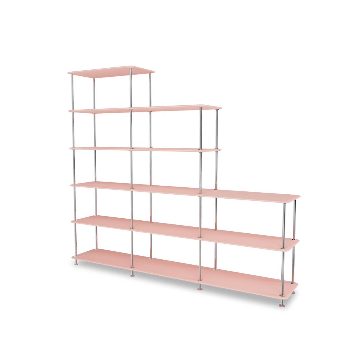 Etagère Free 542000 Montana, tablettes 167 Ruby et structure 44C Chrome, vue de trois quarts sur fond blanc