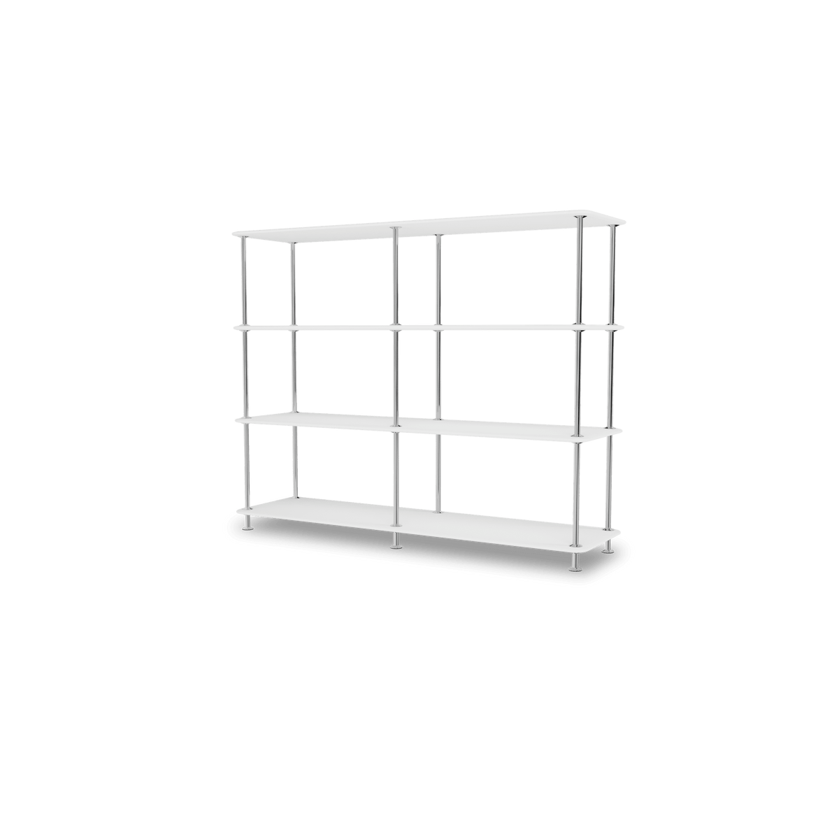 Etagère Free 330000 Montana, tablettes 214 New White et structure 44C Chrome, vue de trois quarts sur fond blanc