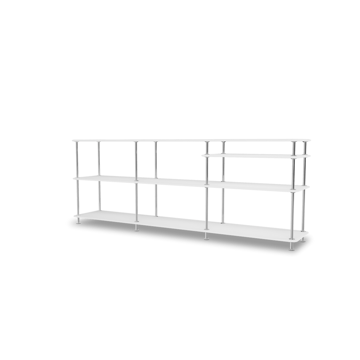 Etagère Free 222100 Montana, tablettes 214 New White et structure 44C Chrome, vue de trois quarts sur fond blanc