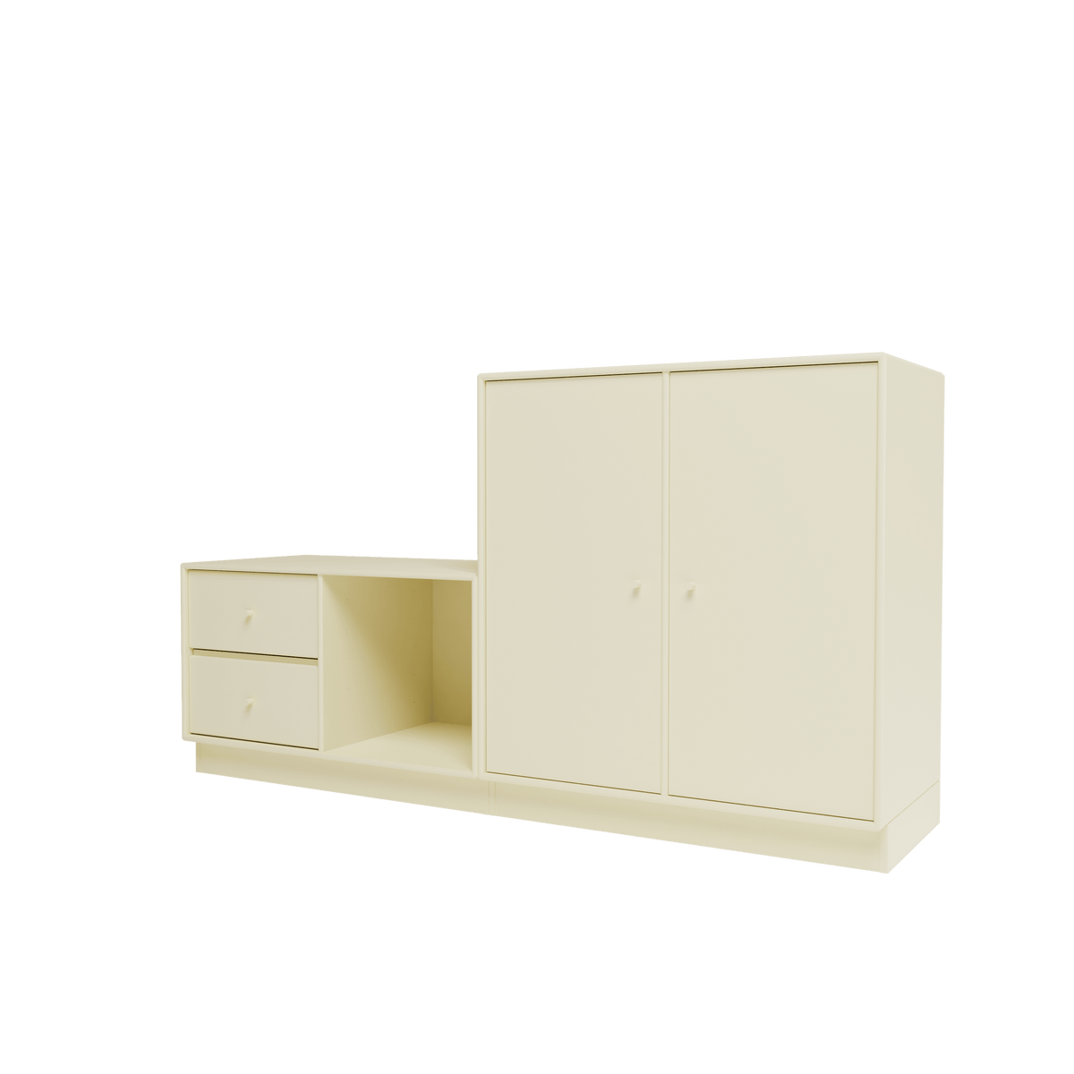 Banc Rest I Montana, laque 150 Vanilla, sur socle de 7 cm, vue de trois quarts sur fond blanc