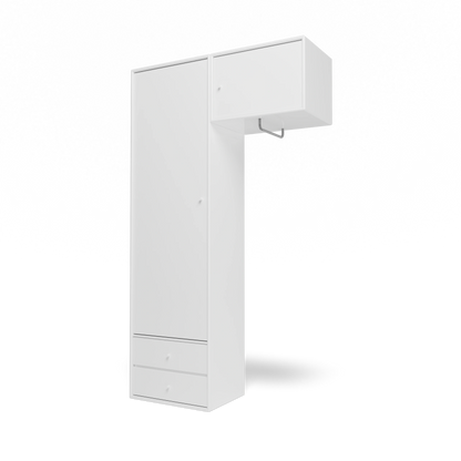 Armoire Attire II Montana, laque 101 New White, suspendu au rail mural, vue de trois quarts sur fond blanc